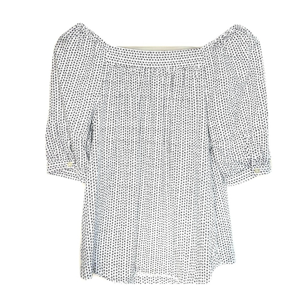 LOFT Black and White Star Puff Sleeve Blouse/Top